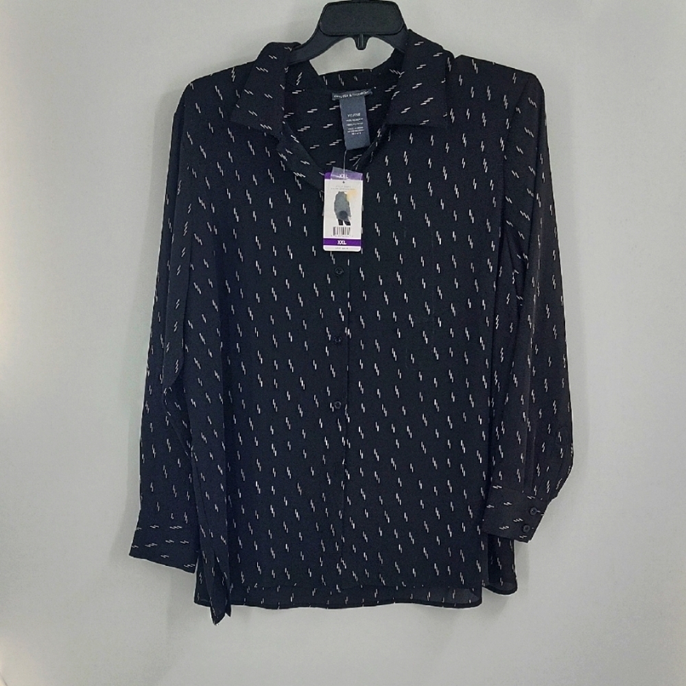 Chelsea & Theodore Black Blouse with White Pattern NWT